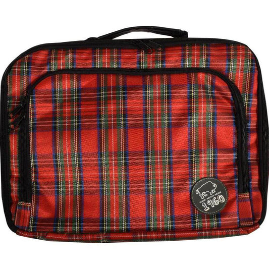 13 inch tartan laptop sleeve featuring a vibrant plaid design with zippered front pocket for extra storage.