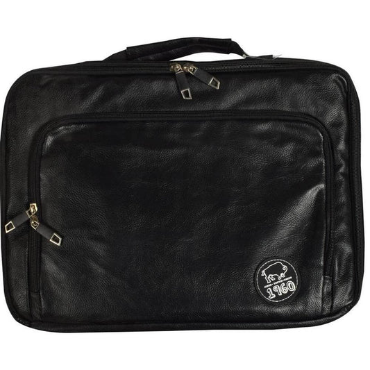 16 inch laptop sleeve in black leather with dual zippers and handle for secure carry.