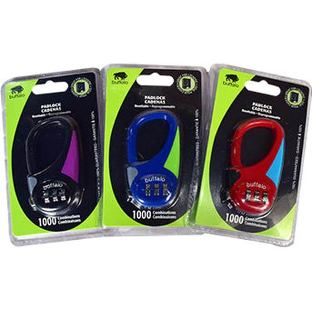 Resettable 3-Digit Lock for customizable security in purple, blue, and red packaging.