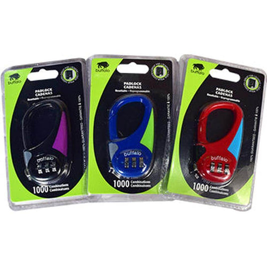 Resettable 3-Digit Lock for customizable security in purple, blue, and red packaging.