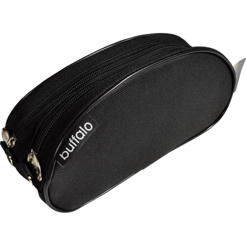 Black 2 compartment pencil case with dual zippers for efficient organization of stationery.