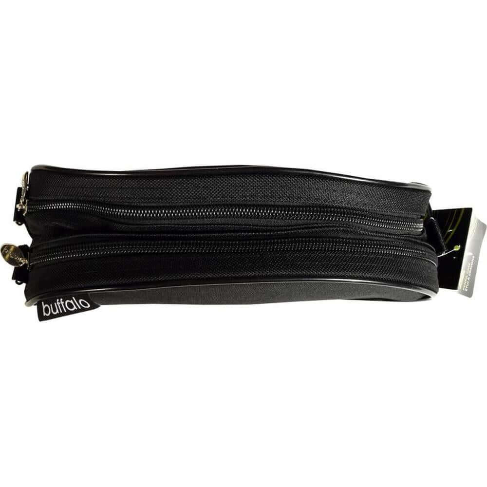 2 compartment pencil case in black with dual zippers for efficient organization of writing instruments.