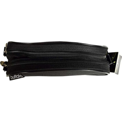 2 compartment pencil case in black with dual zippers for efficient organization of writing instruments.