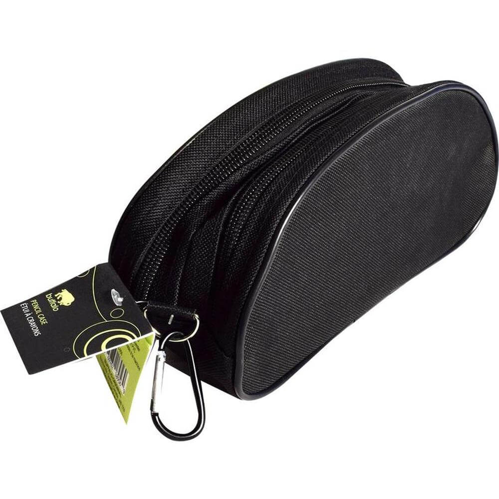 2 compartment pencil case in black with two zippers and a sturdy carabiner for easy attachment to bags.