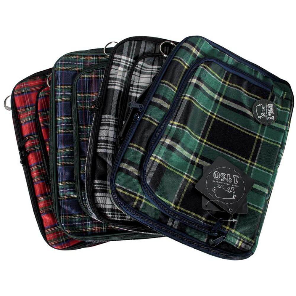 A collection of tartan-patterned laptop sleeves showcasing various colors, ideal for a 13 inch tartan laptop sleeve.