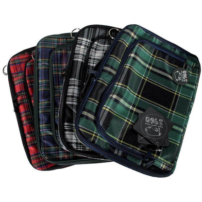 A collection of tartan-patterned laptop sleeves showcasing various colors, ideal for a 13 inch tartan laptop sleeve.