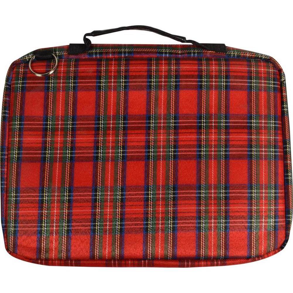 13 inch tartan laptop sleeve in vibrant red plaid pattern with zippered pocket for storage.