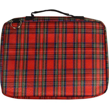 13 inch tartan laptop sleeve in vibrant red plaid pattern with zippered pocket for storage.