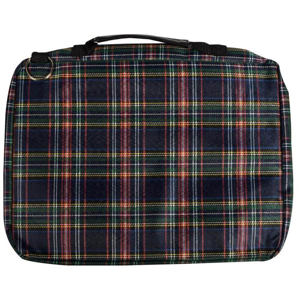 13 inch tartan laptop sleeve featuring assorted plaid patterns and a zippered front pocket.
