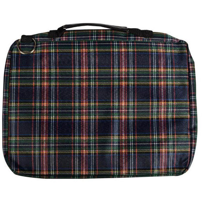 13 inch tartan laptop sleeve featuring assorted plaid patterns and a zippered front pocket.
