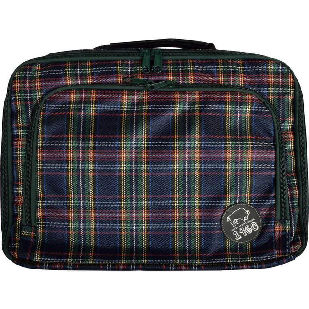 13 inch tartan laptop sleeve with zippered front pocket and plaid pattern design.
