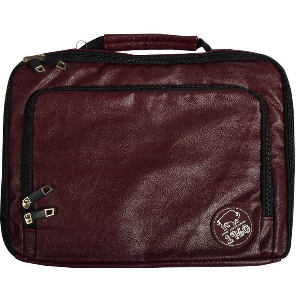 Burgundy polyvinyl 13 inch laptop sleeve with zippered front and carrying handle.