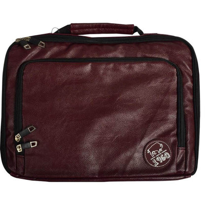 Burgundy polyvinyl 13 inch laptop sleeve with zippered front and carrying handle.