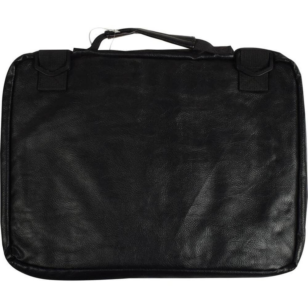 16 inch laptop sleeve in black polyvinyl material with comfortable handle and straps for portability.