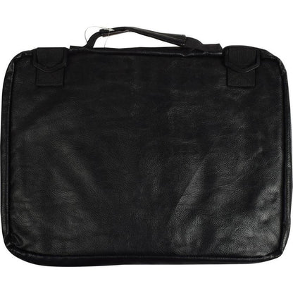 16 inch laptop sleeve in black polyvinyl material with comfortable handle and straps for portability.