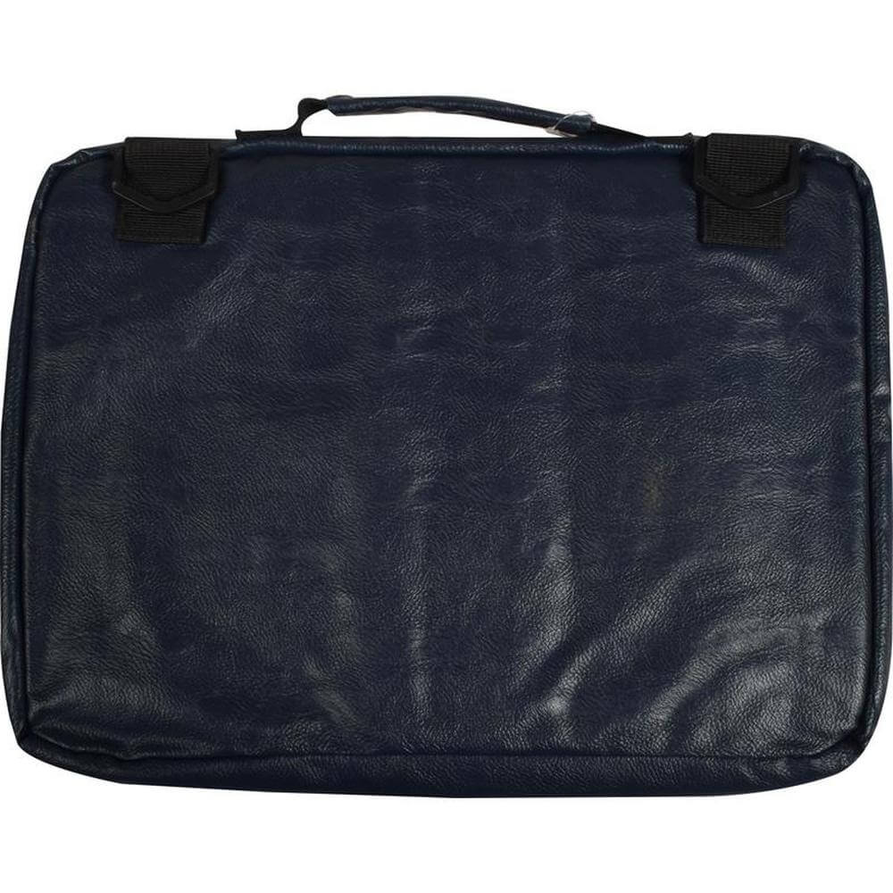 16 inch laptop sleeve in navy polyvinyl material with comfortable handle and straps for easy transport.