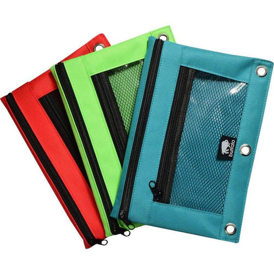 Mesh window pencil pouch in red, green, and blue colors with zipper closure and durable material.