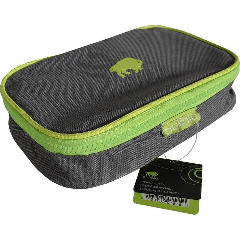 Durable pencil box in gray with green zipper, ideal for organizing stationery and ensuring long-lasting use.