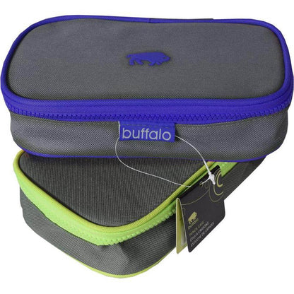 Durable Pencil Box in gray and green design with zipper closure, showcasing robust construction for everyday use.