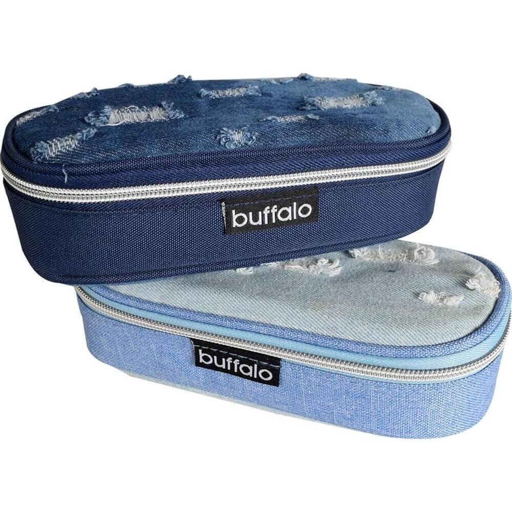 Jeans pencil case with zipper in blue denim design, featuring stylish rips and ample storage for school supplies.