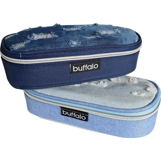Jeans pencil case with zipper in blue denim design, featuring stylish rips and ample storage for school supplies.