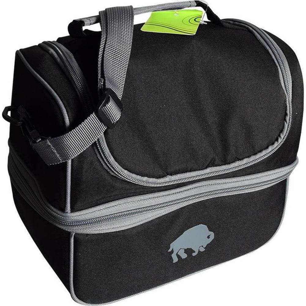 Insulated lunch bag with compartments in black, featuring dual zippers and a removable shoulder strap.