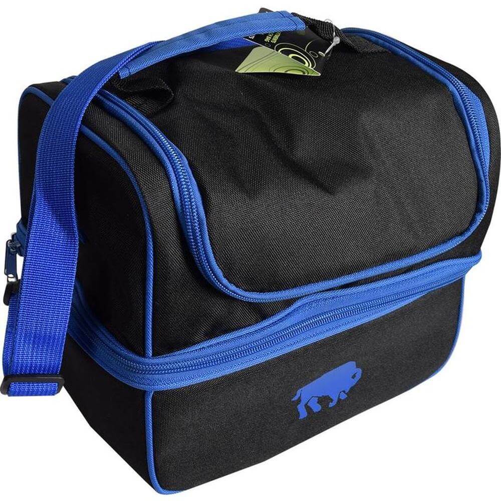 Insulated lunch bag with compartments featuring two zippered sections for organized food storage in black and blue.