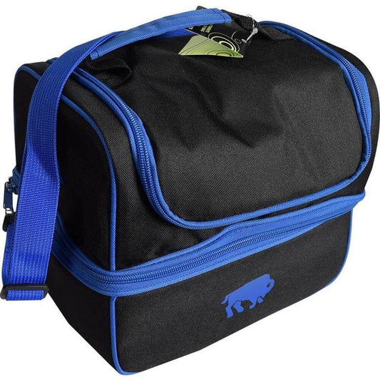 Insulated lunch bag with compartments featuring two zippered sections for organized food storage in black and blue.