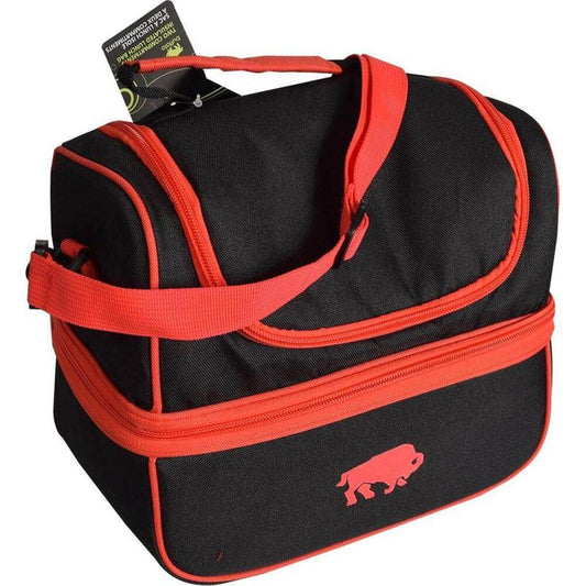 insulated lunch bag with compartments featuring durable black and red design and convenient carrying strap